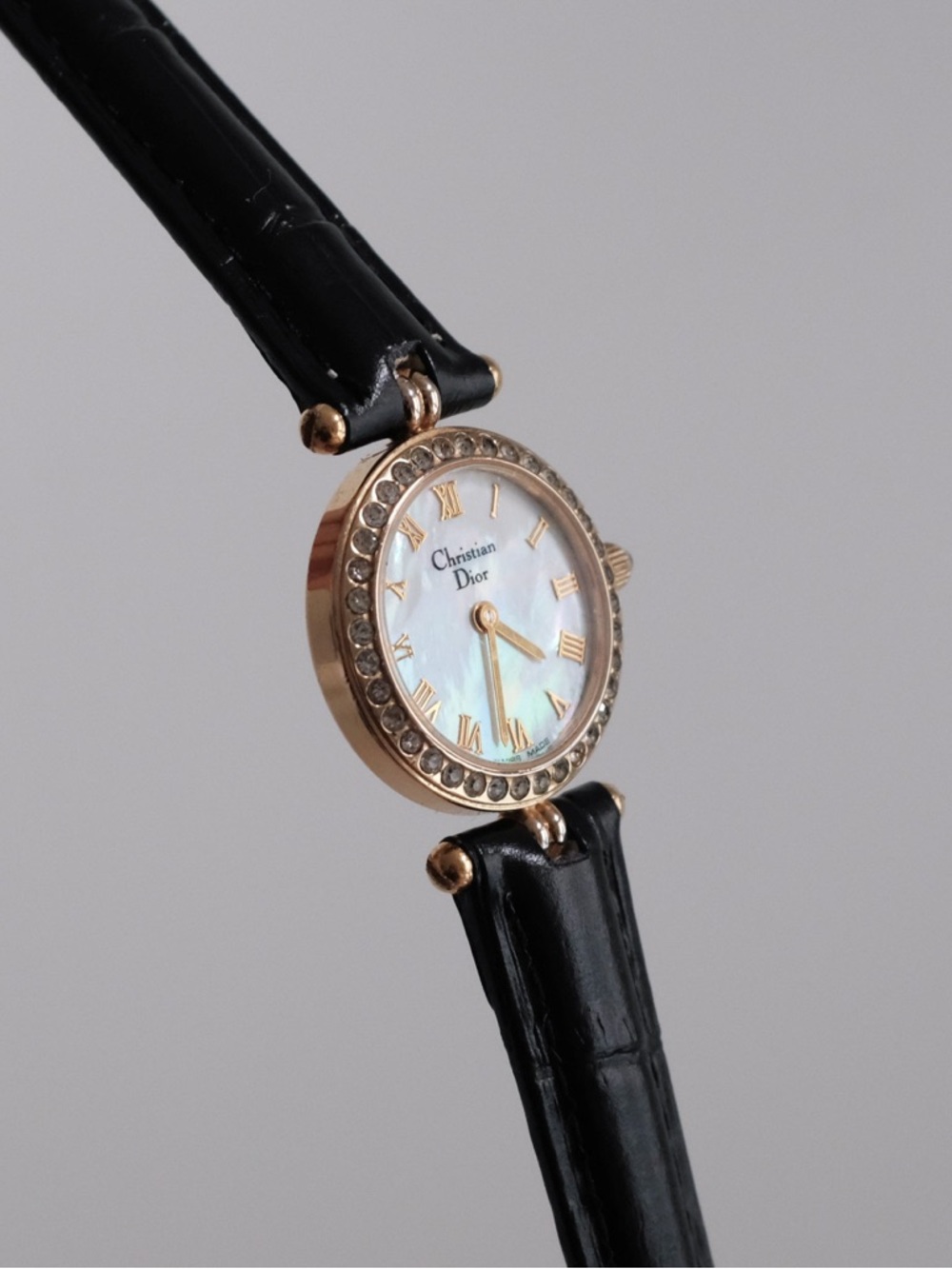 Vintage Dior Gold-Tone Crystal Bezel Watch with Black Leather Strap - Picture 3 of 10